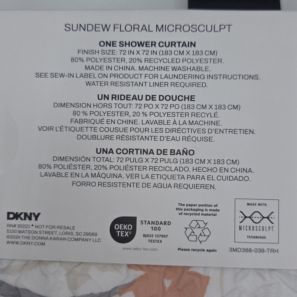 DKNY Sundew Floral‎ Microsculpt  Fabric Shower Curtain White Peach 72x72inch - Picture 7 of 8